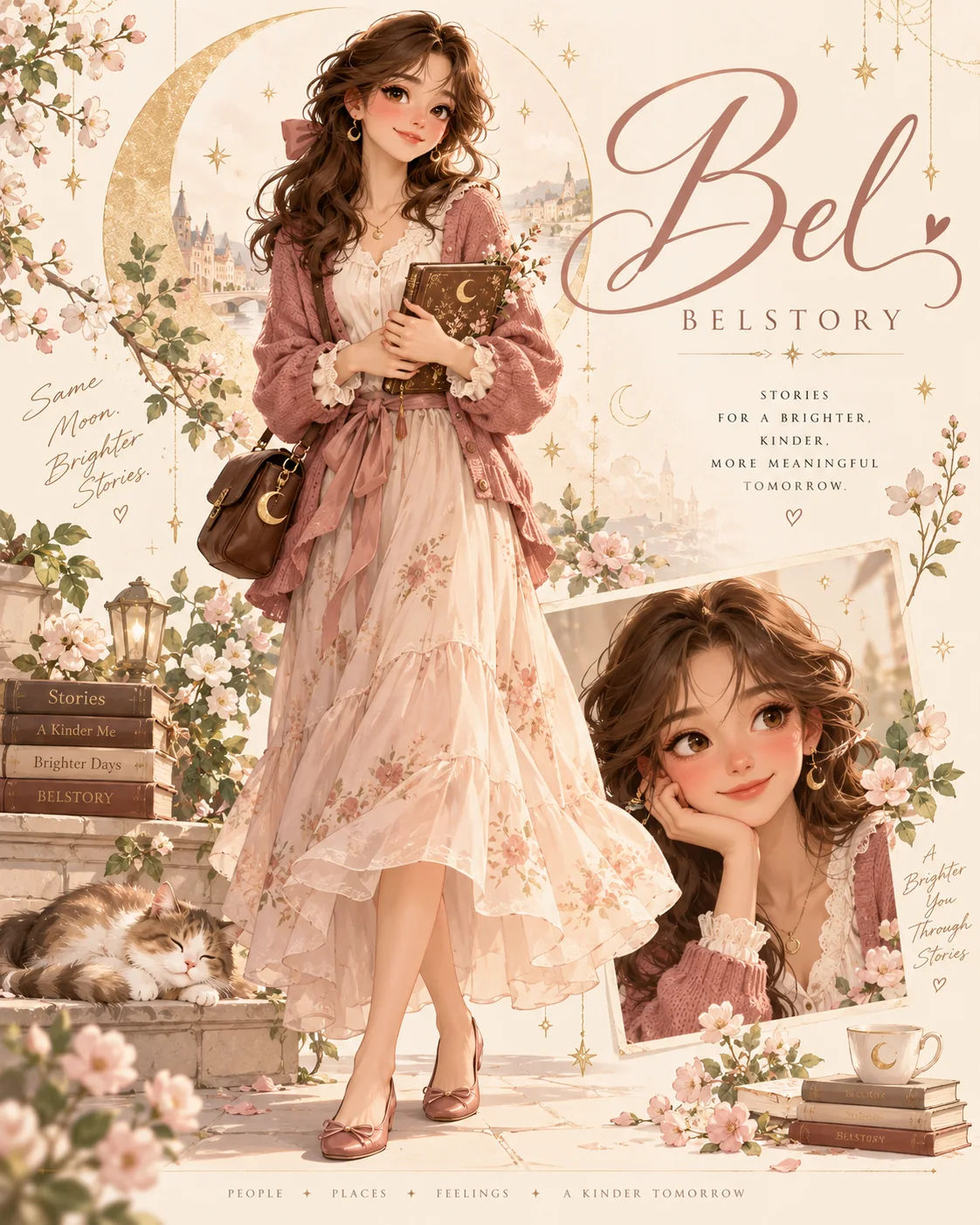 Bel, the Belstory heroine, holding her moon-decorated journal in a rose cardigan and floral dress